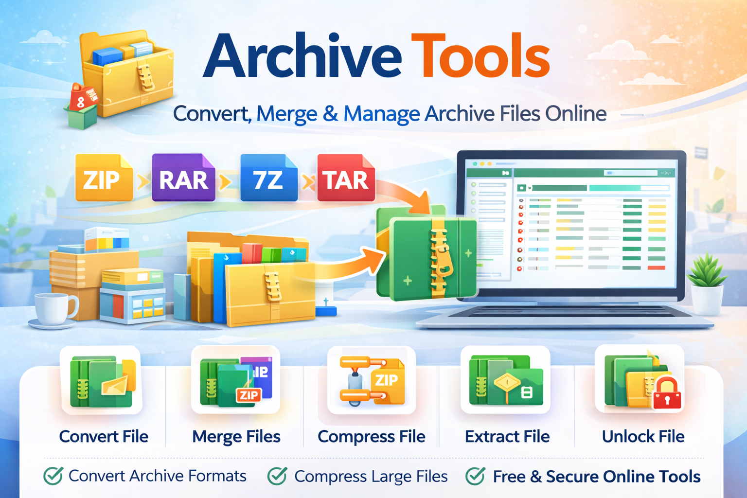 Free online archive tools to convert between ZIP, TAR, RAR, ISO formats and compress archives