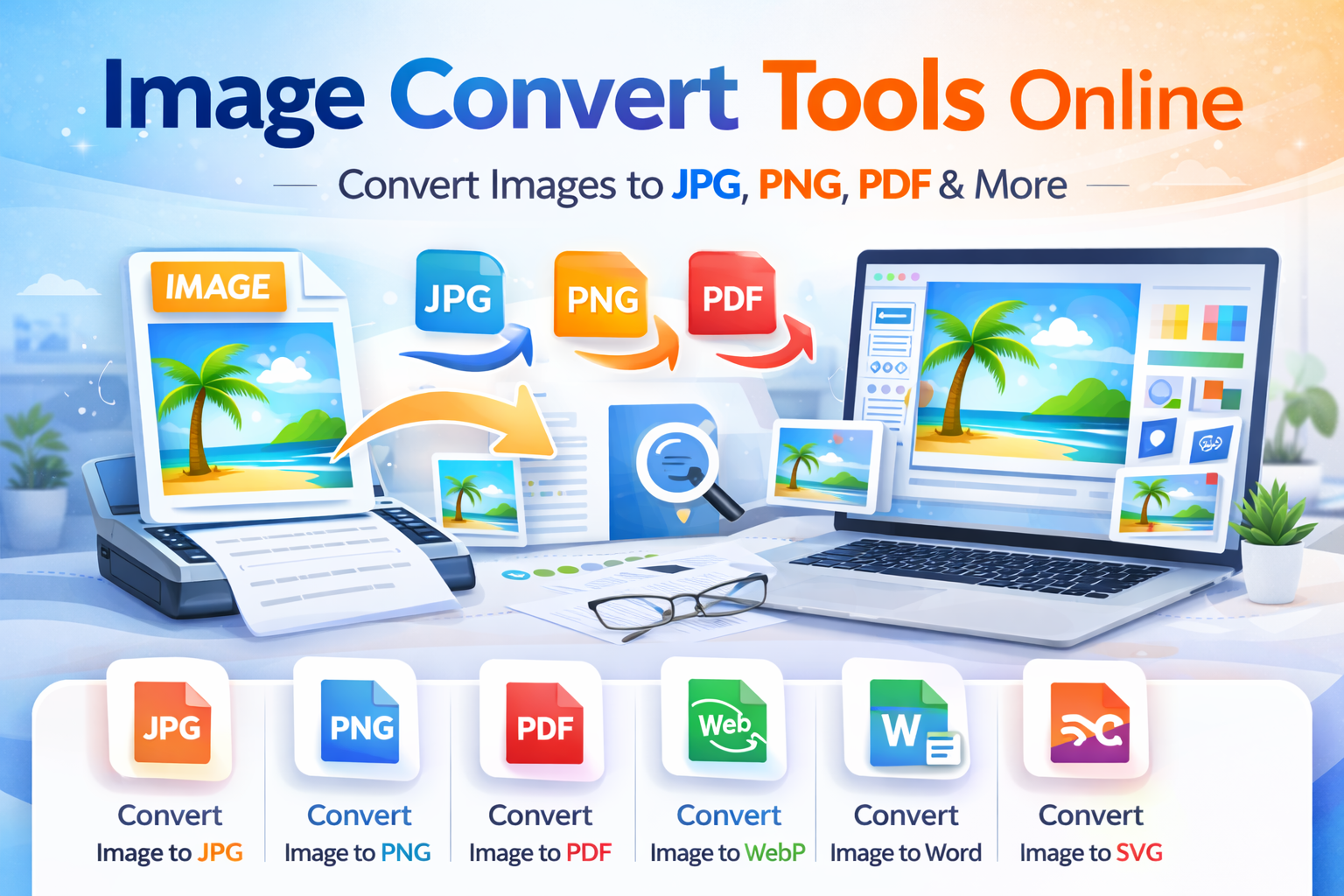 Free online image converters to convert between JPG, PNG, WEBP, SVG, HEIC, and PDF formats